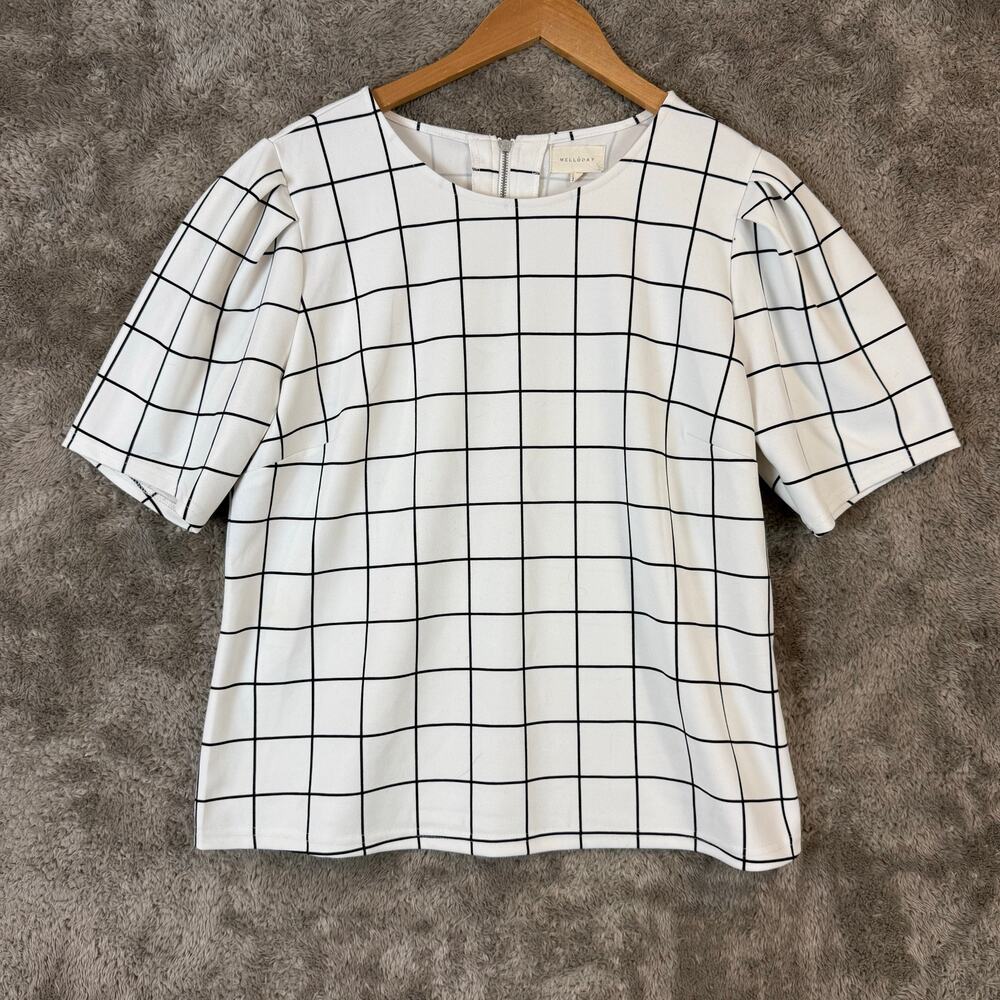 Melloday Black White Windowpane Puff Sleeve Blouse Top Shirt XL Women